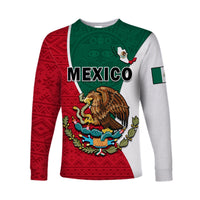 Unisex long-sleeve shirt red/green/white, Mexico word, eagle crest on Aztec pattern