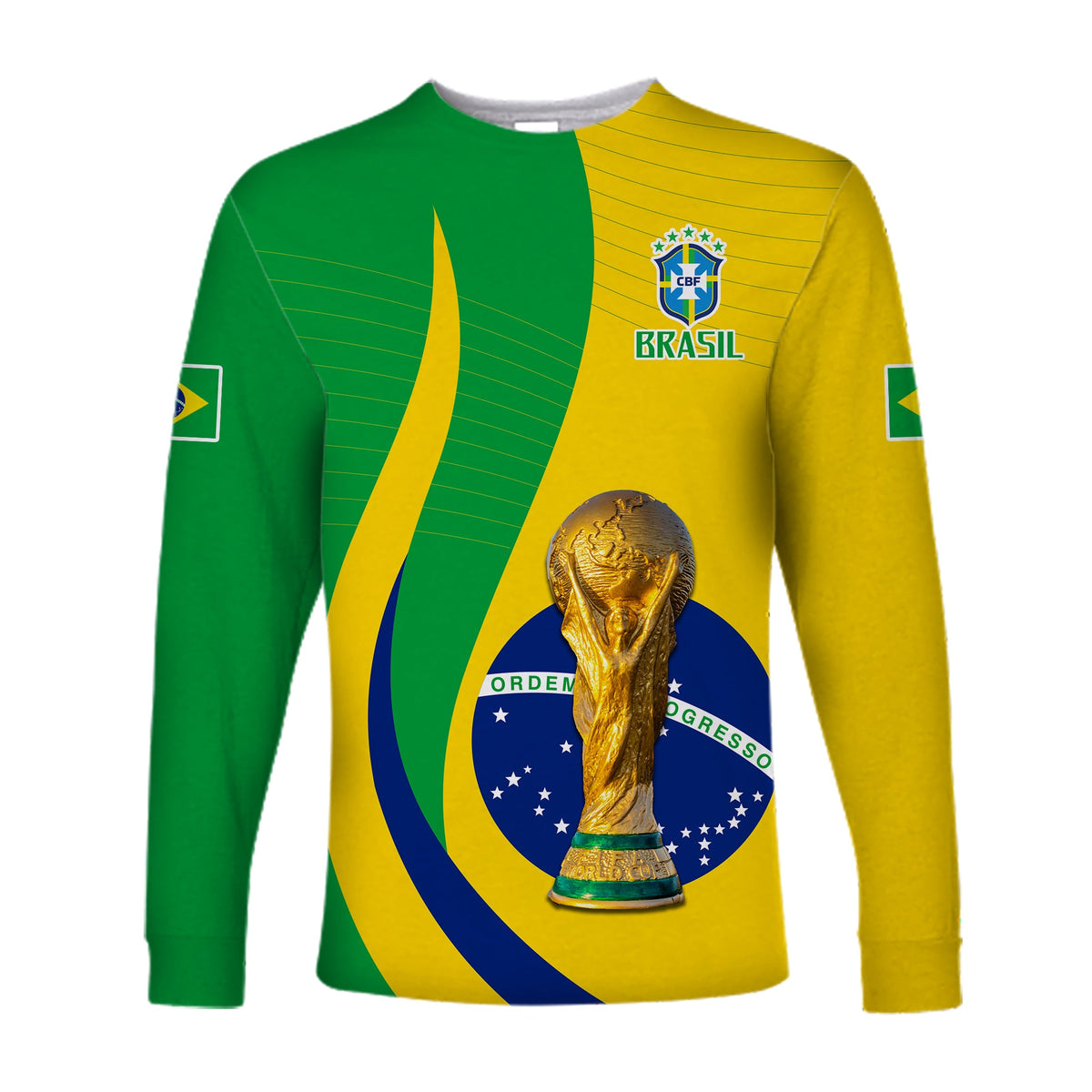 Brazil long sleeve football shirt, green and yellow, CBF crest and Brasil text, trophy graphic