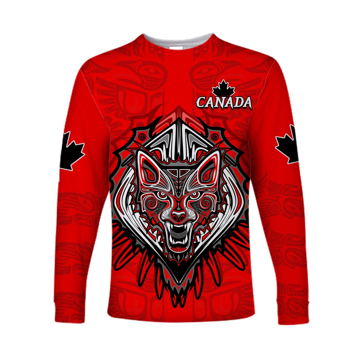 Red long sleeve T-shirt with Canada text, Haida wolf graphic, maple leaf sleeve accents