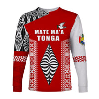 Red long-sleeve rugby shirt with MATE MA'A TONGA print, bird crest, patterned sleeves
