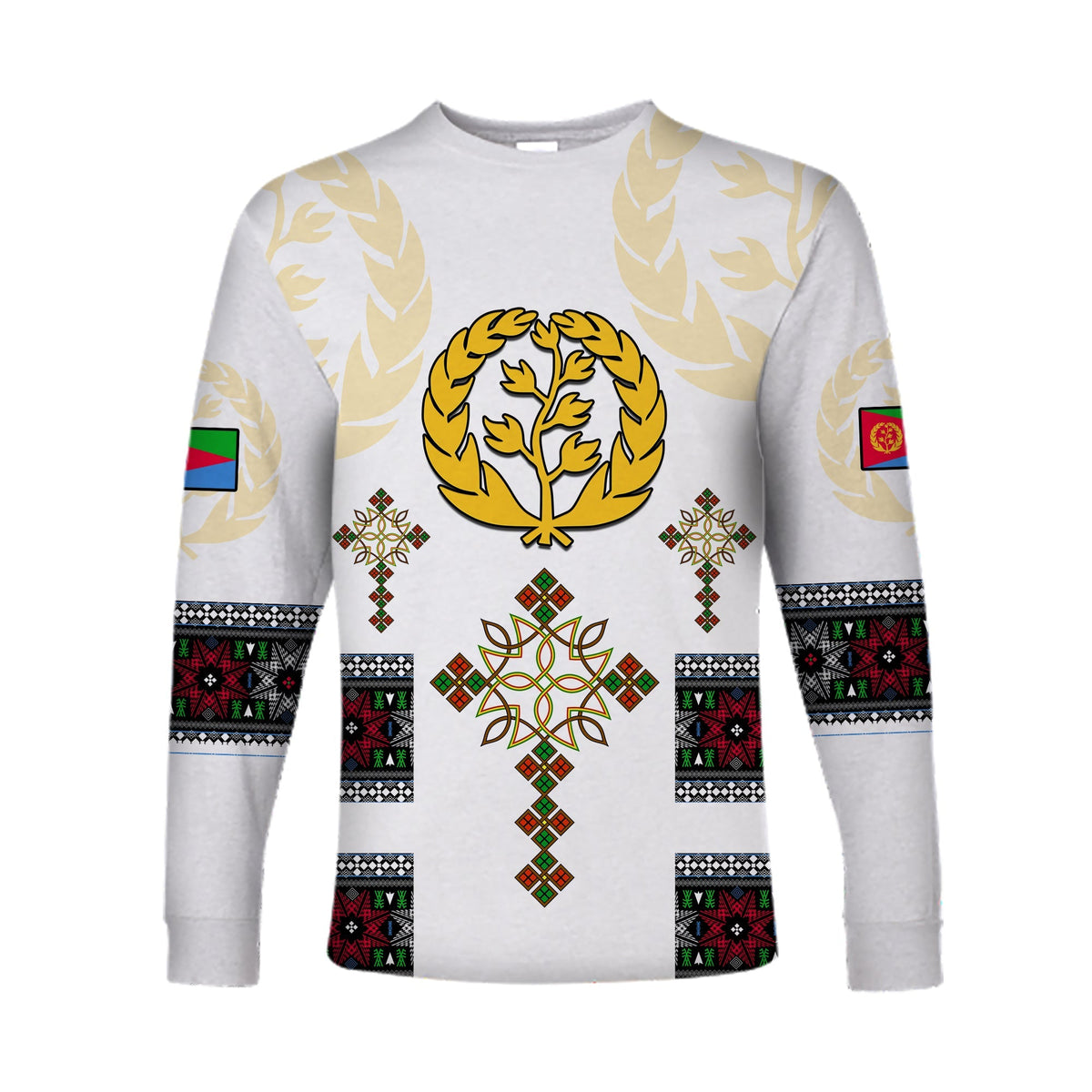 White long-sleeve shirt with Eritrea cross tree emblem and patterned sleeves