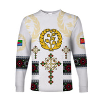 White long-sleeve shirt with Eritrea cross tree emblem and patterned sleeves