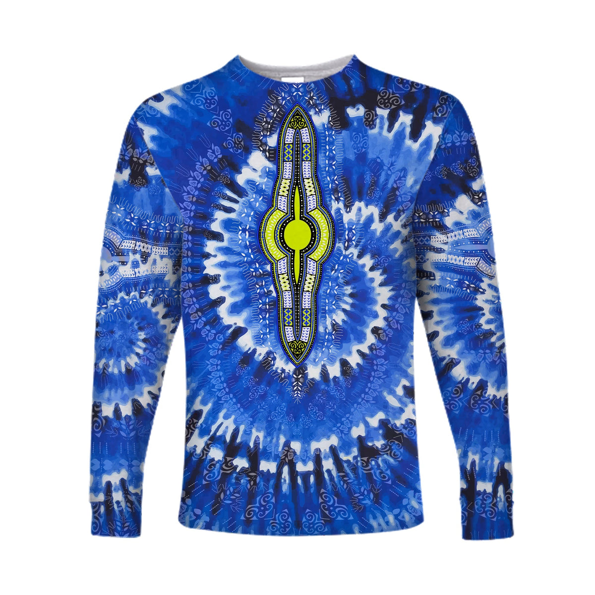 Langarmshirt blaues Africa Tie-Dye mit großer Front-Grafik