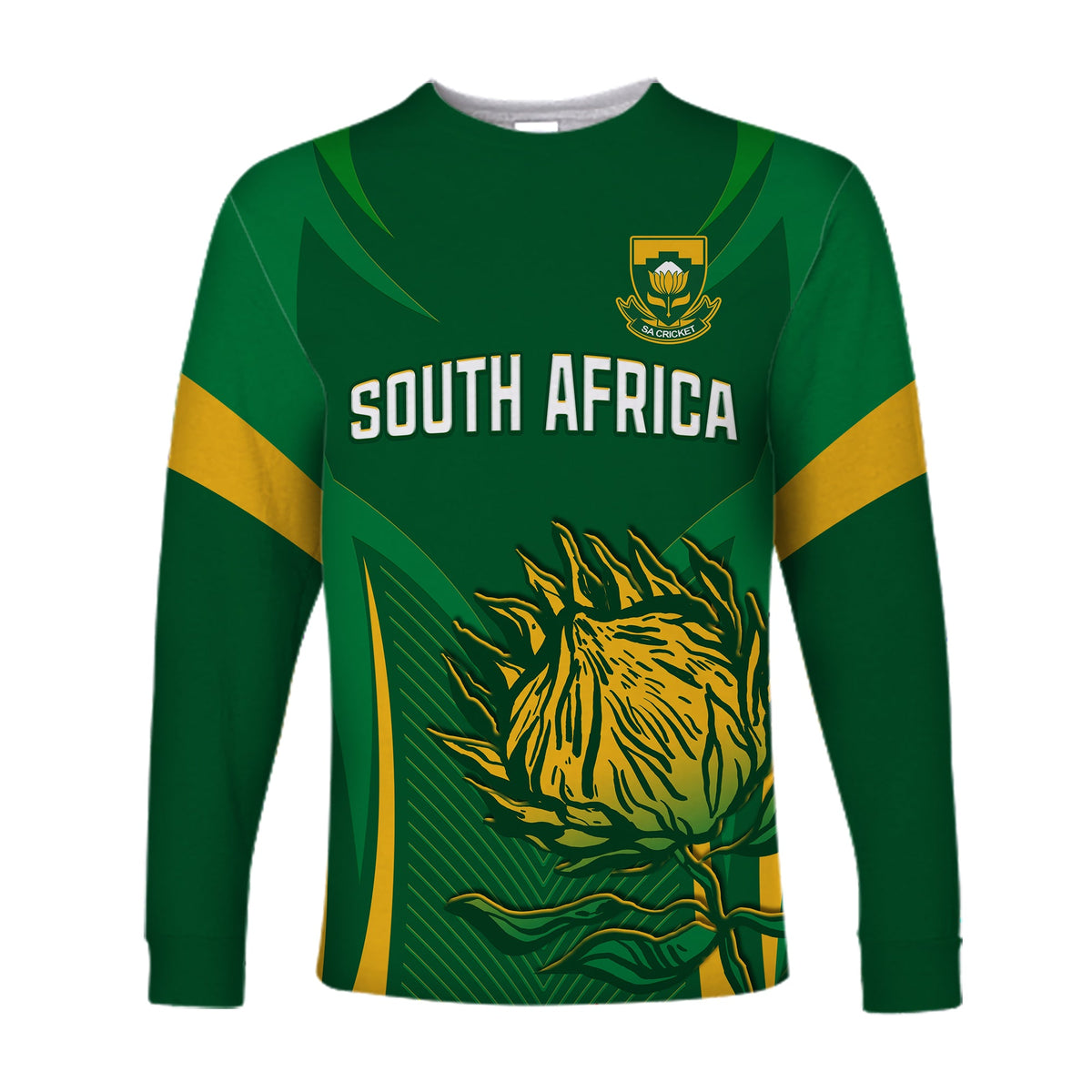 Green long-sleeve cricket shirt with South Africa text, crest, and lion graphic