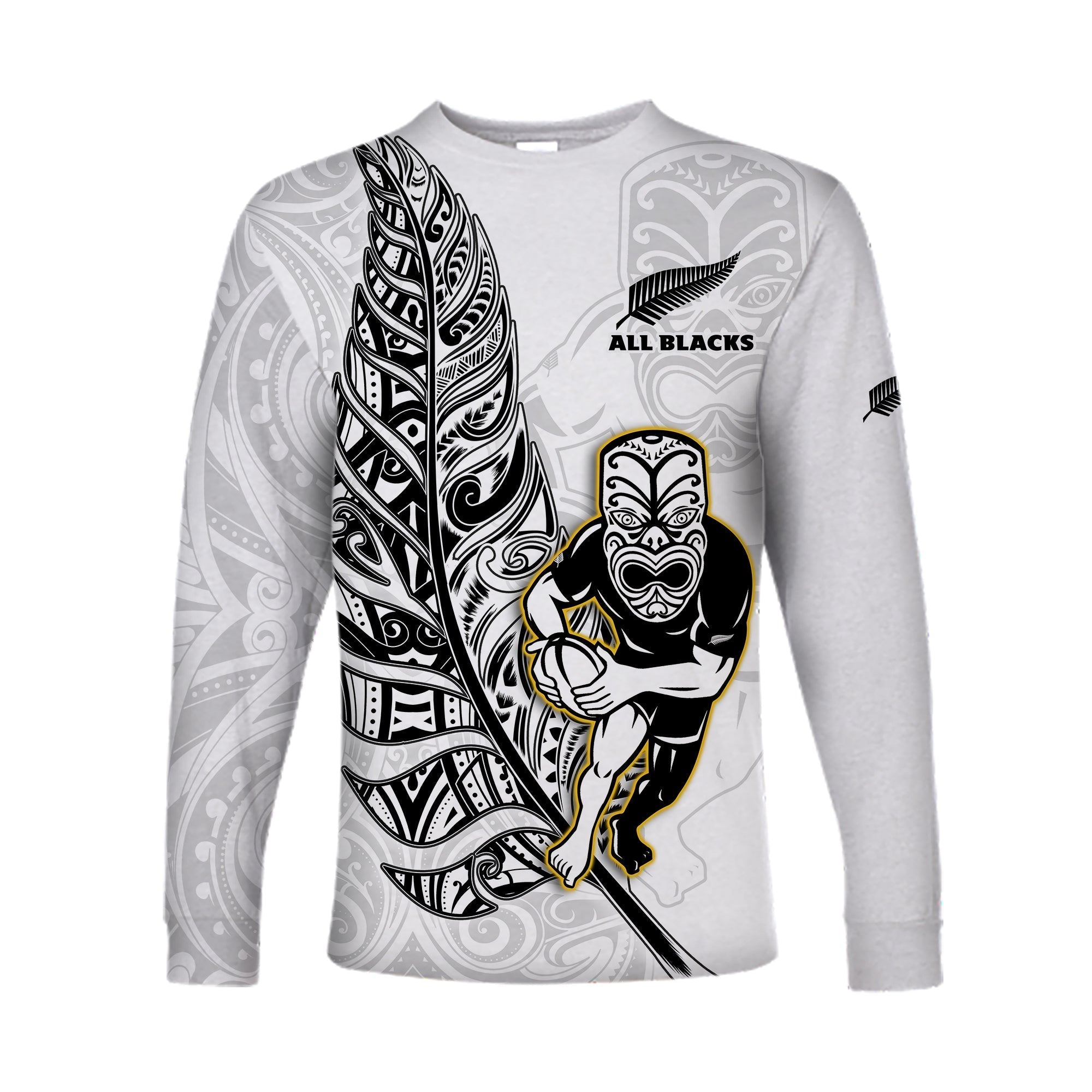 New Zealand 2022 Rugby Long Sleeve Shirt All Black Silver Fern Maori Pattern Version White - Wonder Print Shop