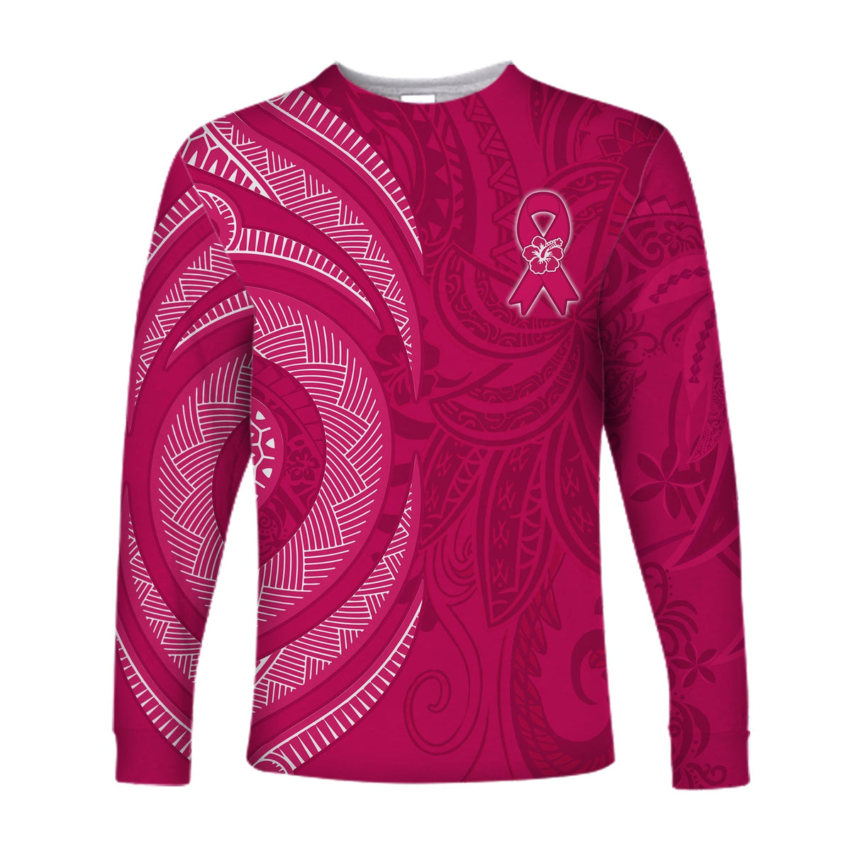 Pink long-sleeve breast cancer awareness shirt with ribbon and tribal print