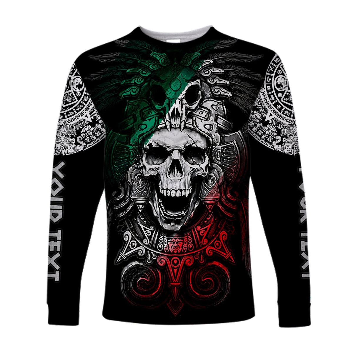 Black long sleeve shirt with skull graphic, green wing and red mechanical details