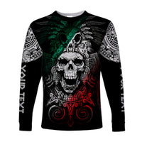 Black long sleeve shirt with skull graphic, green wing and red mechanical details