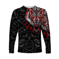 Unisex long-sleeve shirt in black with red/white Haida wolf graphic