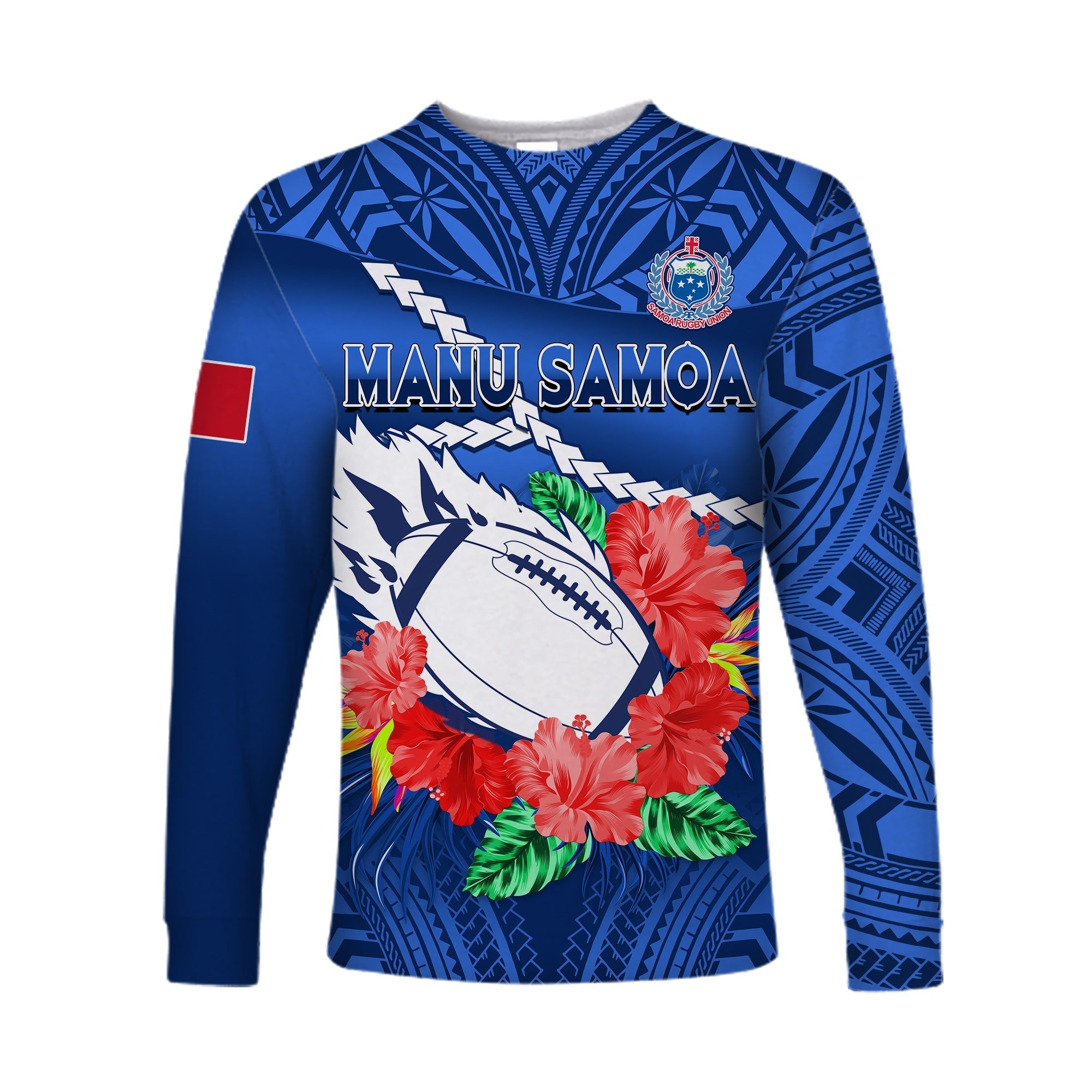 Samoa Rugby Long Sleeve Shirt Manu Samoa Polynesian Hibiscus Blue Style - Wonder Print Shop