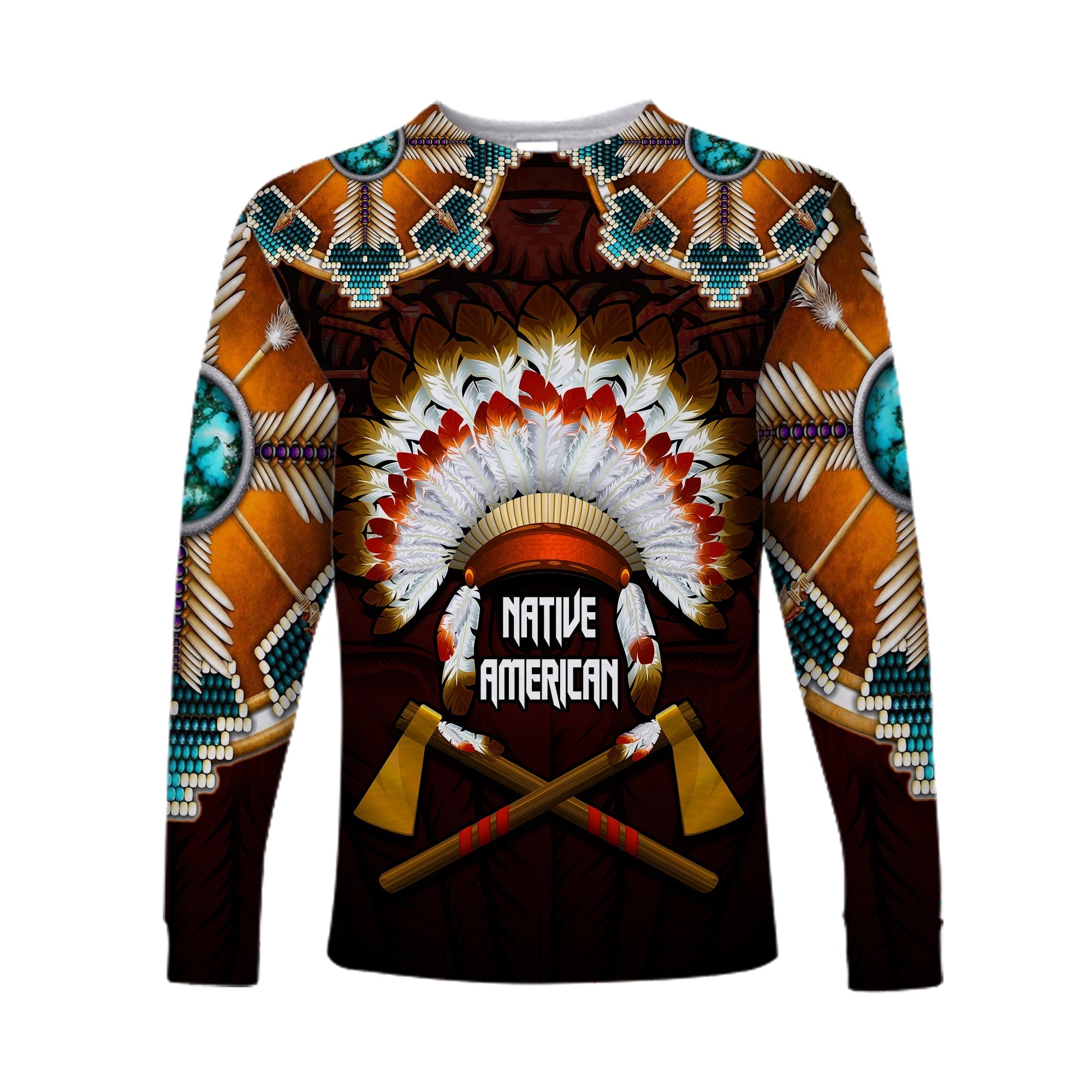 The First Americans Long Sleeve Shirt Indian Headdress With Skull LT13 - Wonder Print Shop