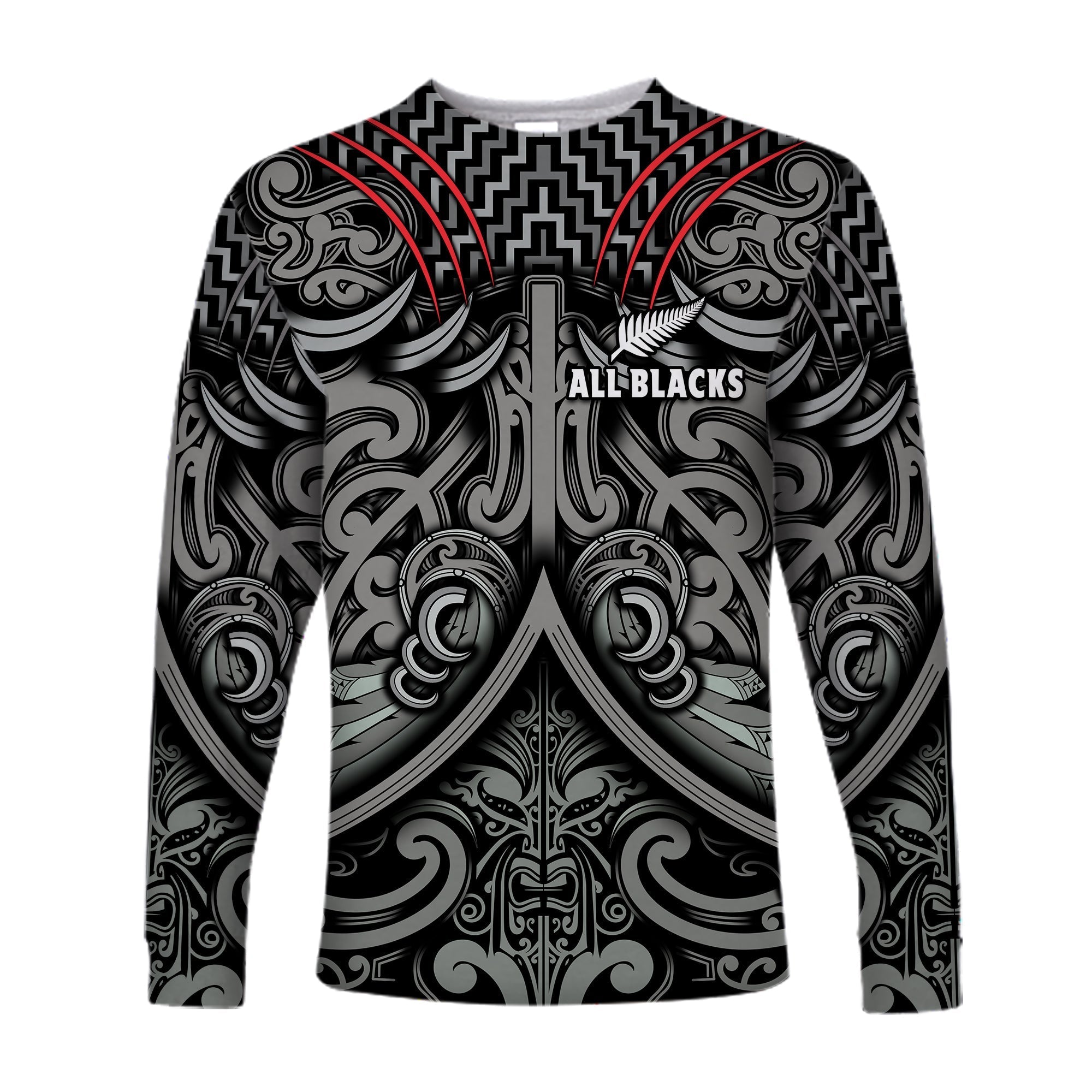 New Zealand Silver Fern Rugby Long Sleeve Shirt All Black NZ Maori Pattern LT13 - Wonder Print Shop