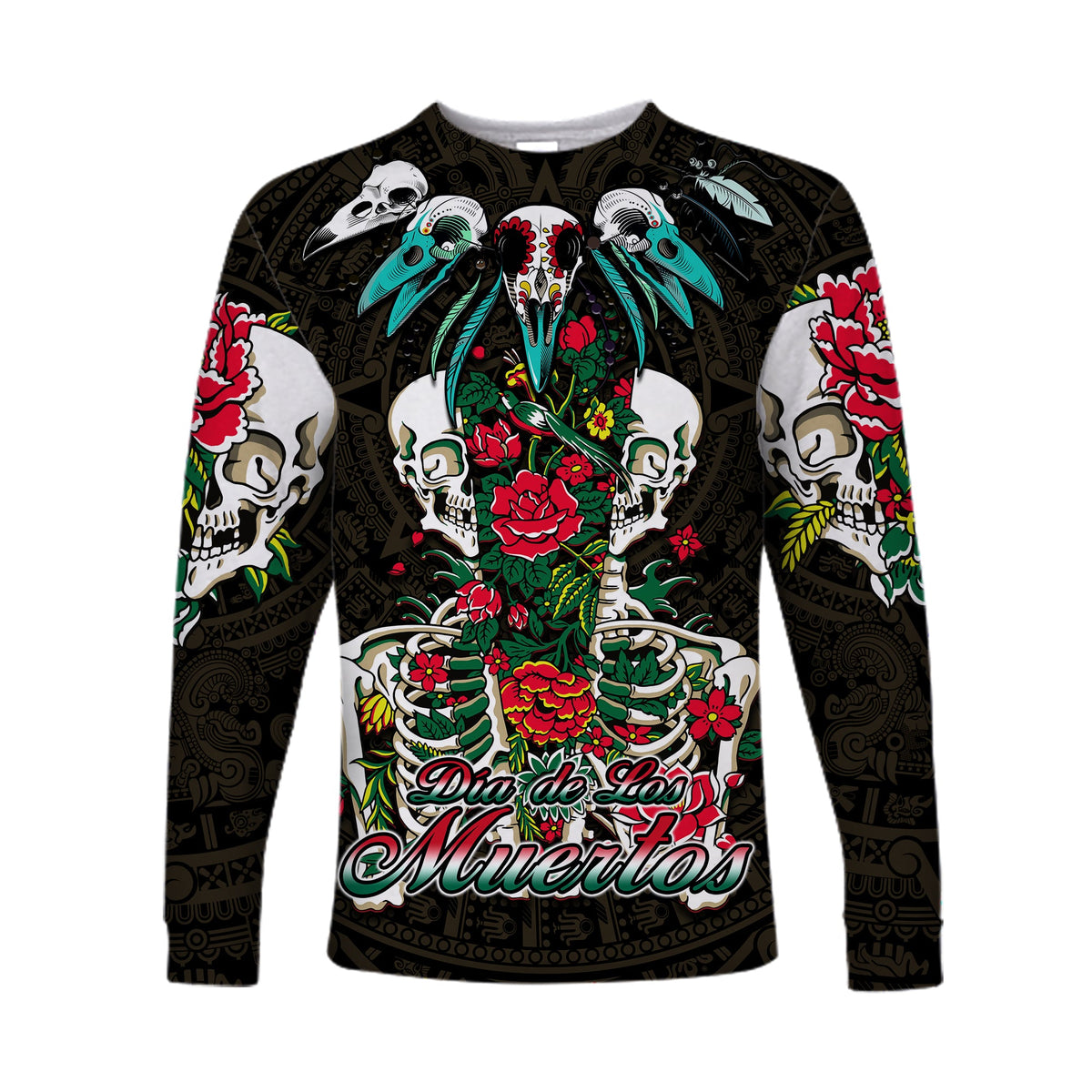 Unisex long sleeve shirt, black with colorful floral skull Dia de los Muertos print