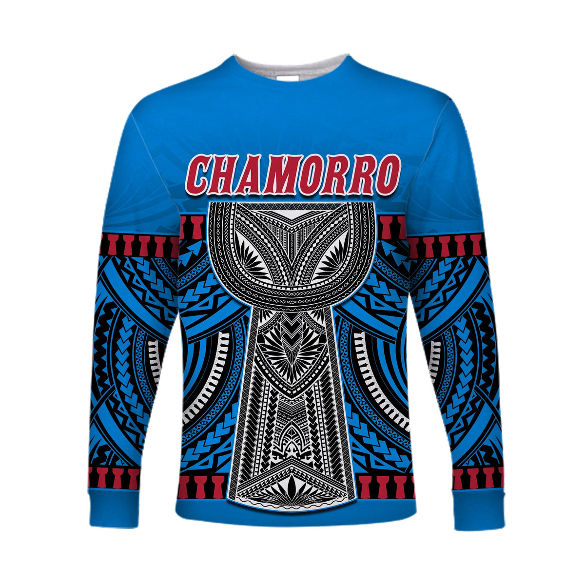 Blue long-sleeve shirt with CHAMORRO text and black/white tribal banner print