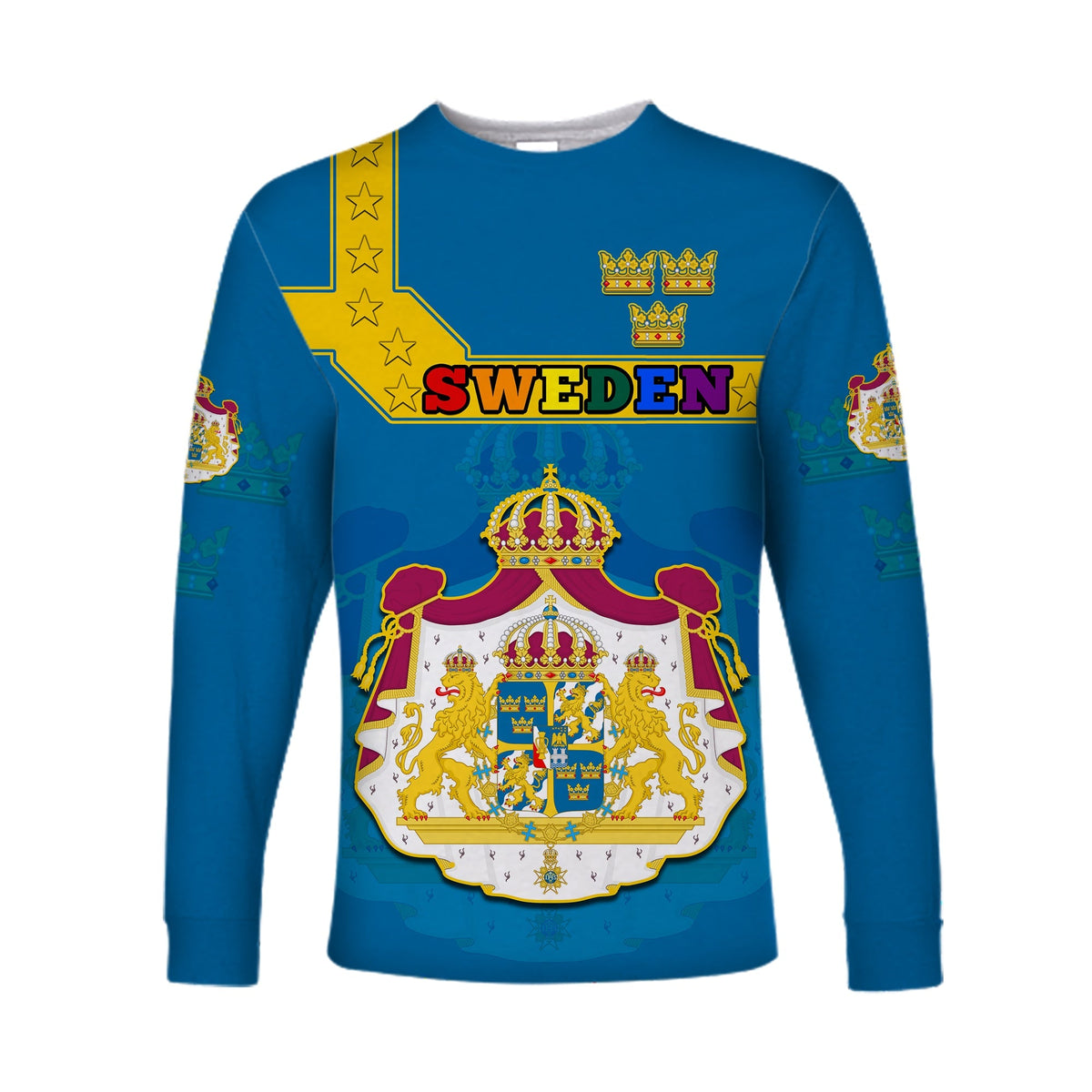 Blue long-sleeve unisex T-shirt with Sweden crest and crown graphic