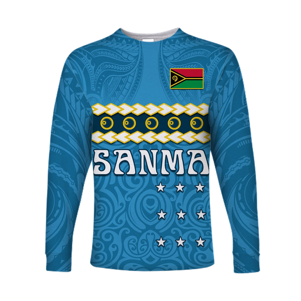 Blue long sleeve shirt with SANMA graphic, patterned stripe, and star icons