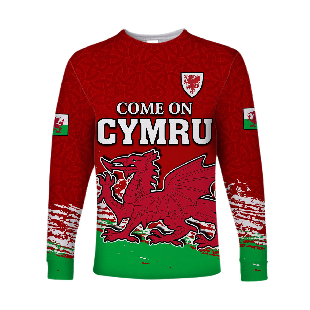 Red Wales long-sleeve shirt with 'Come on Cymru' text, dragon graphic and crest