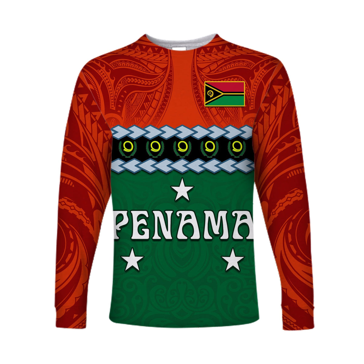 Long sleeve shirt with red tribal sleeves, green front, stars and 'PENAMA' text