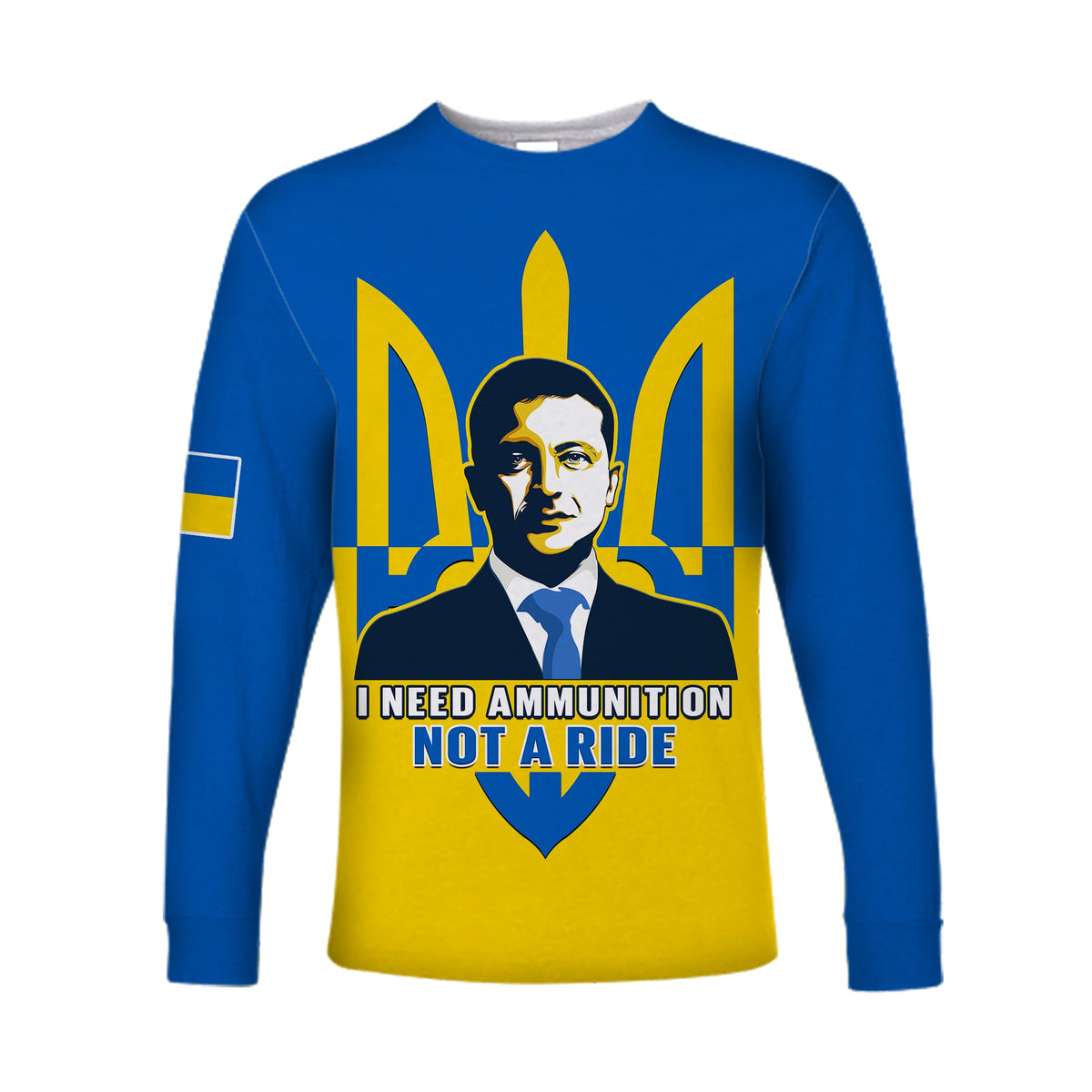 Blue long sleeve shirt with gold trident portrait graphic and slogan print