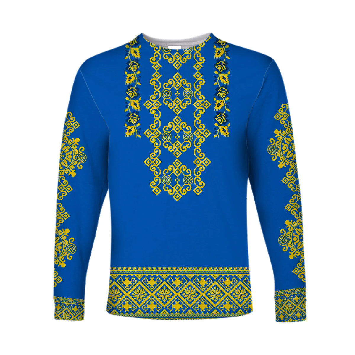 Blue long-sleeve shirt with yellow-green folk cross-stitch style trim
