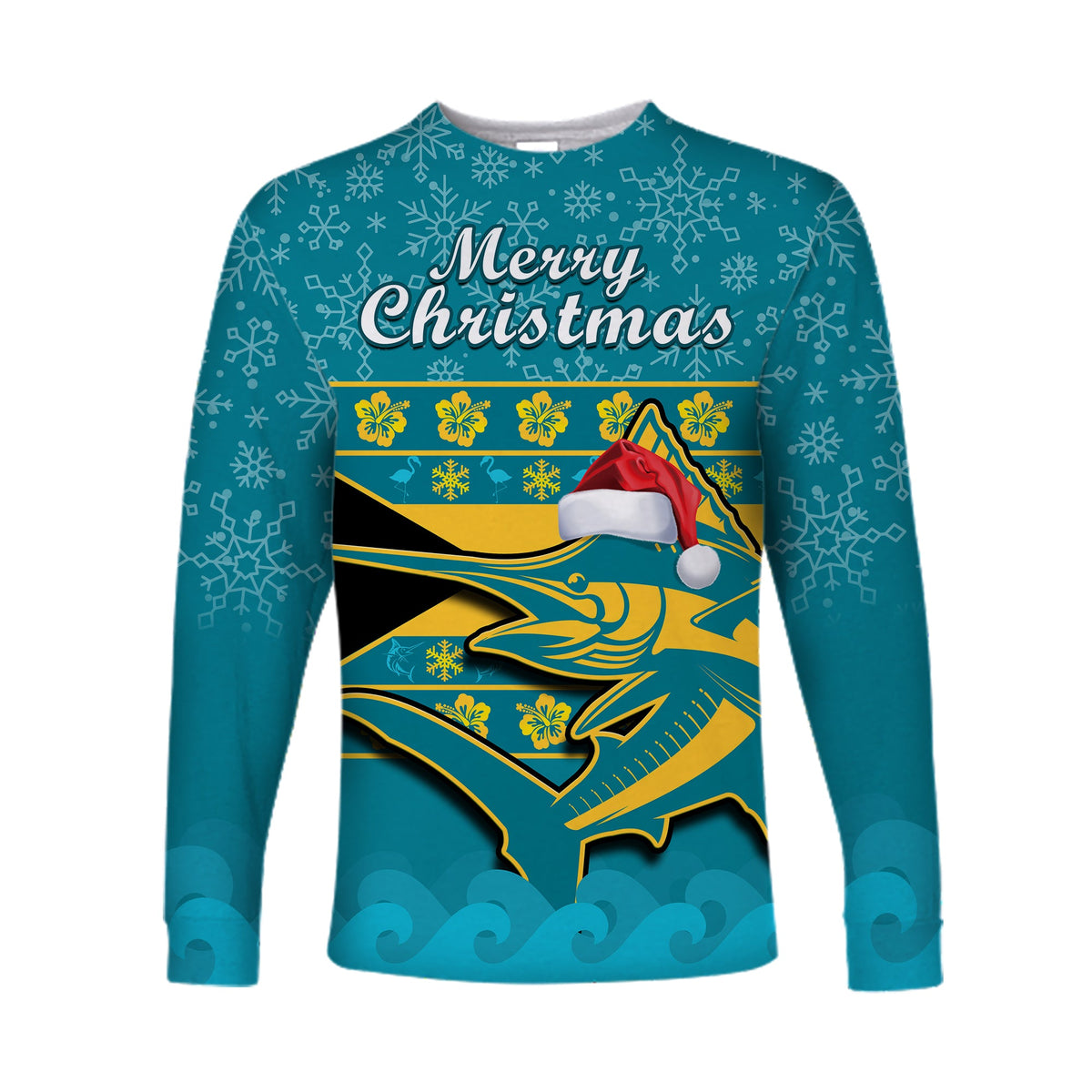 Bahamas long sleeve shirt in teal with Merry Christmas text and marlin graphic