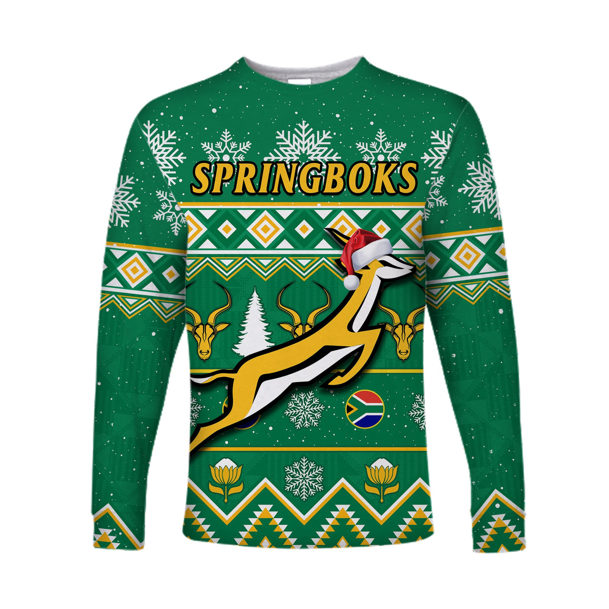 Green long-sleeve rugby shirt: 'SPRINGBOKS' Christmas print with snowflakes and patterns