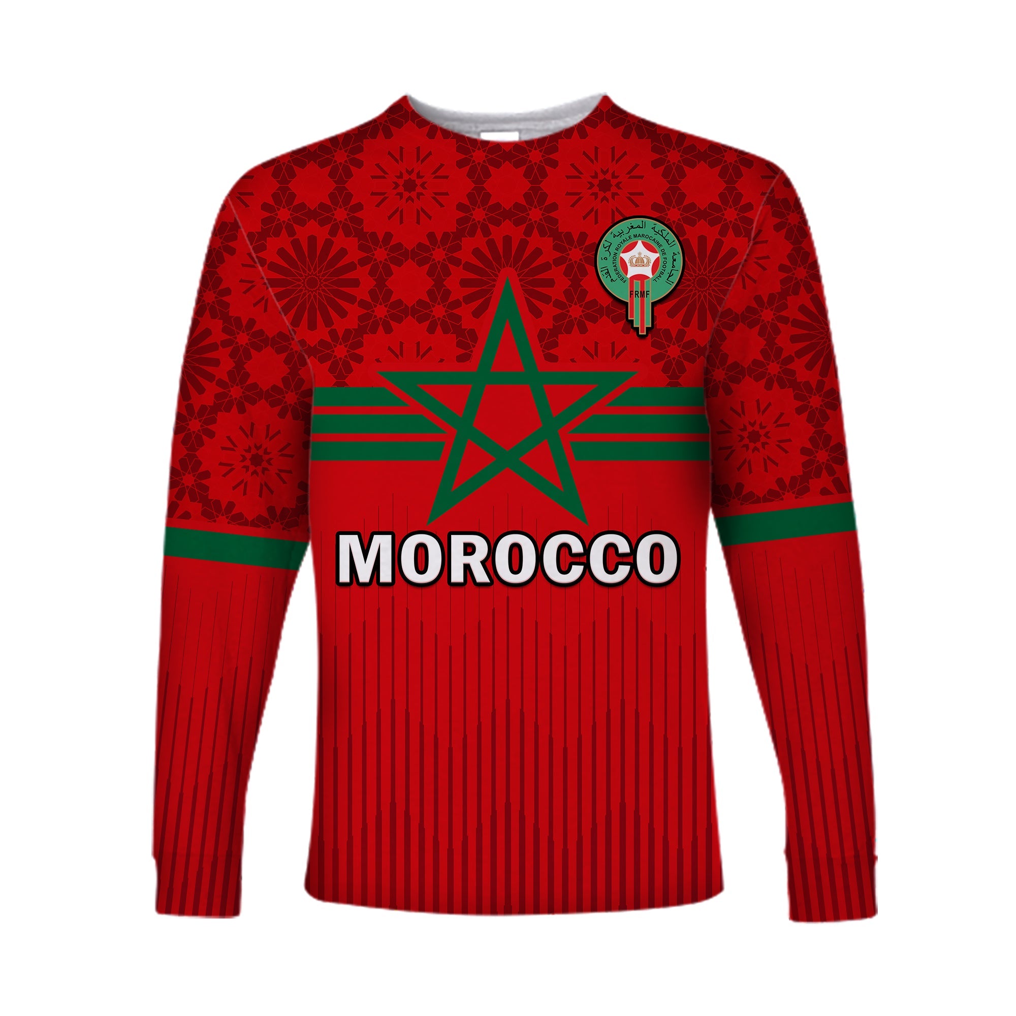 Morocco Football Long Sleeve Shirt World Cup 2022 Red Moroccan Pattern - Wonder Print Shop