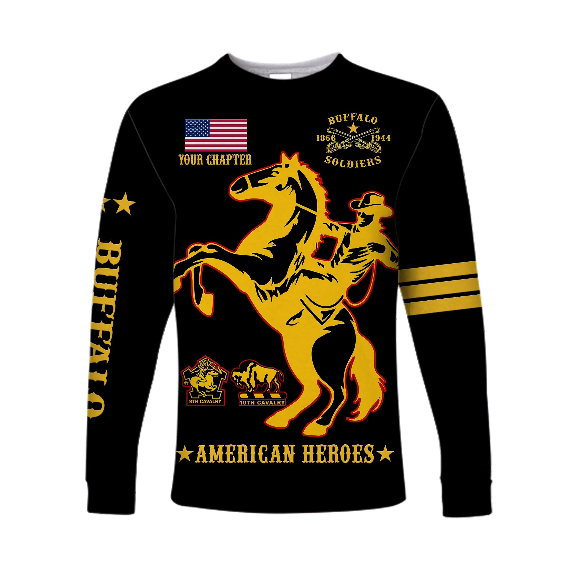 (Custom Text And Chapter) Buffalo Soldiers Long Sleeve Shirt BSMC United States Army Black - Wonder Print Shop