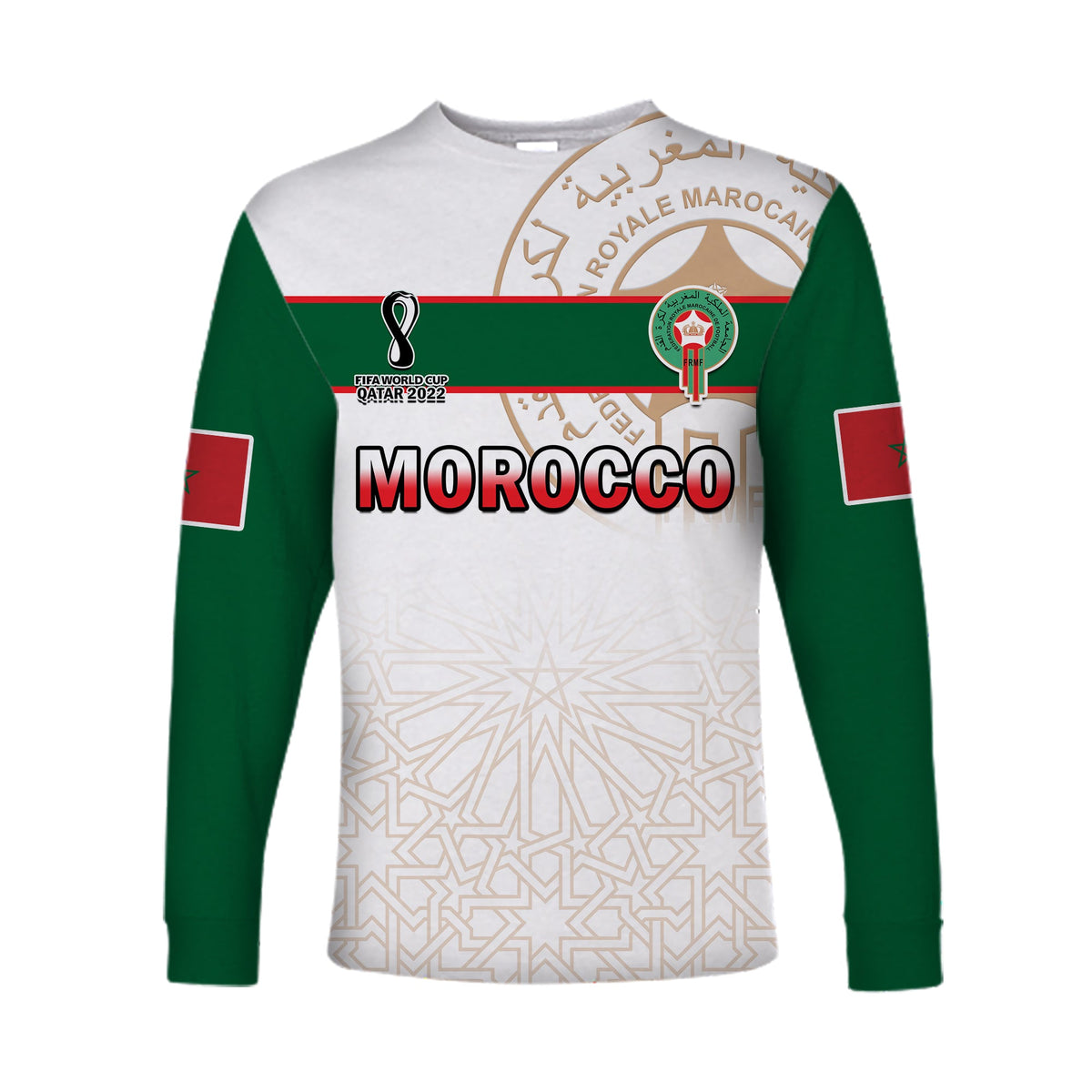 Football long sleeve shirt with white body, green sleeves, and Morocco front graphic.