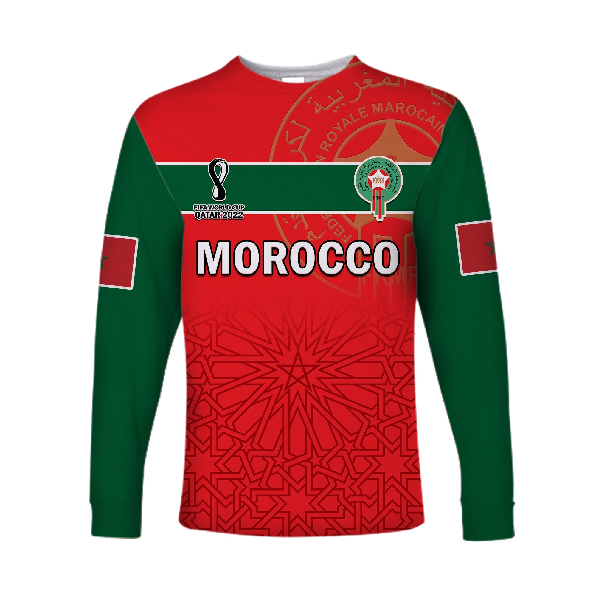 (Custom Text And Number) Morocco Football Long Sleeve Shirt Atlas Lions Red World Cup 2022 - Wonder Print Shop