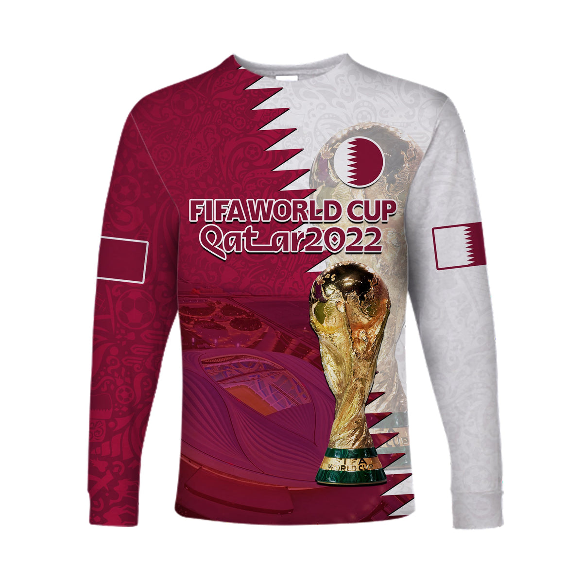 Maroon/white football long-sleeve shirt with World Cup print and trophy emblem