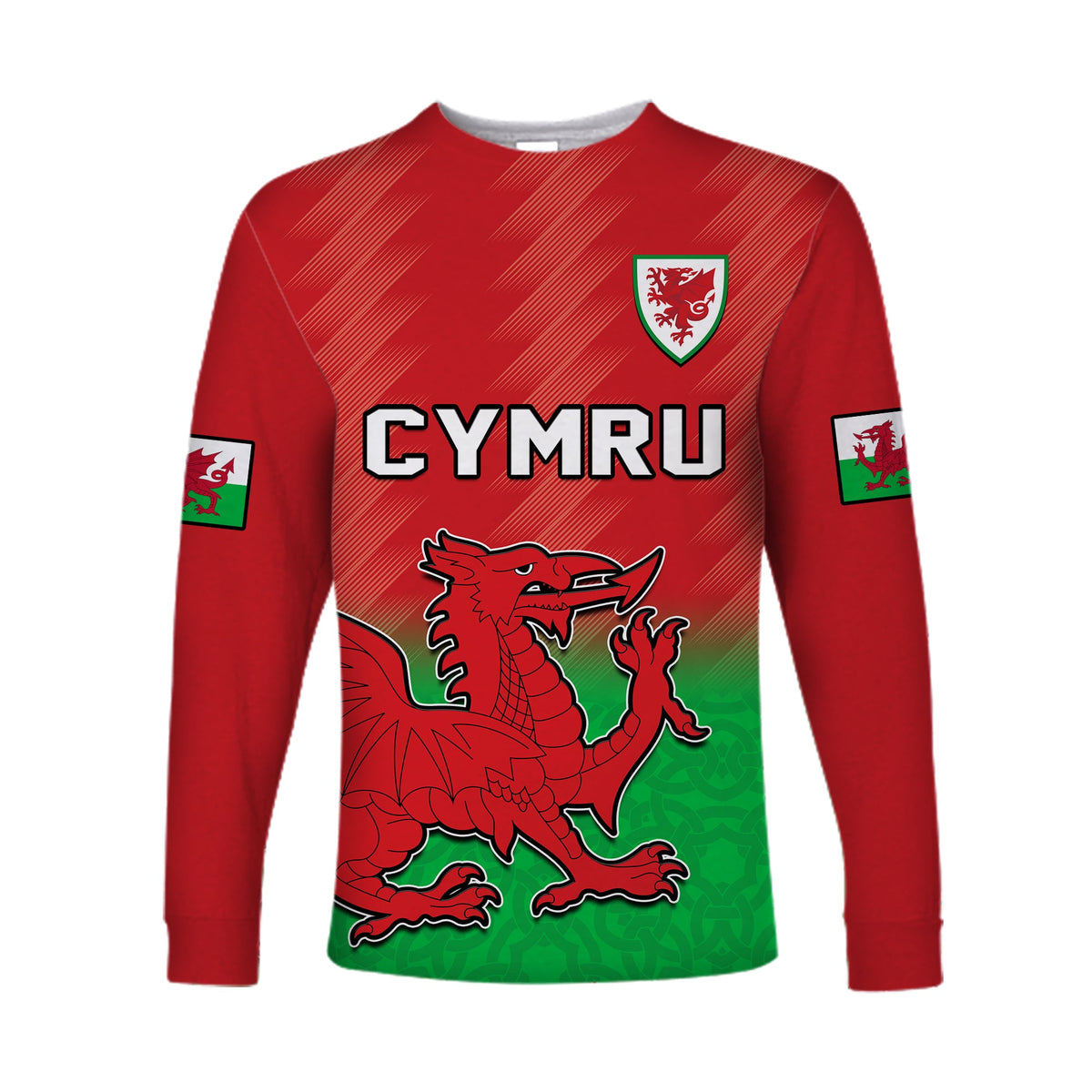 Red long-sleeve football shirt with CYMRU text, crest badge, and dragon graphic