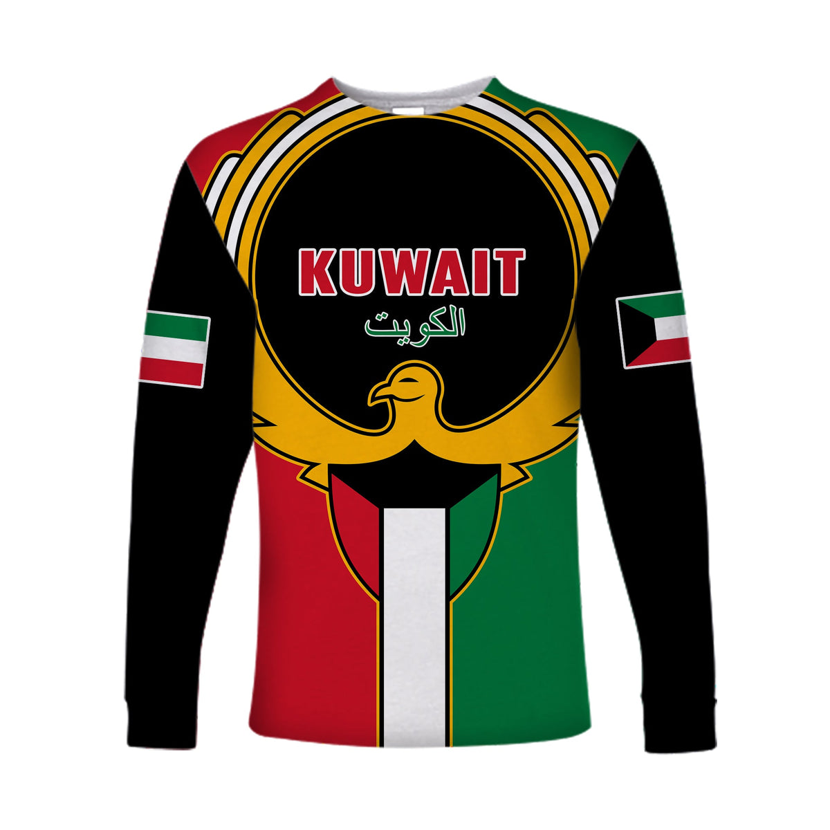 Unisex long-sleeve shirt, black with Kuwait coat-of-arms graphic and flag sleeves