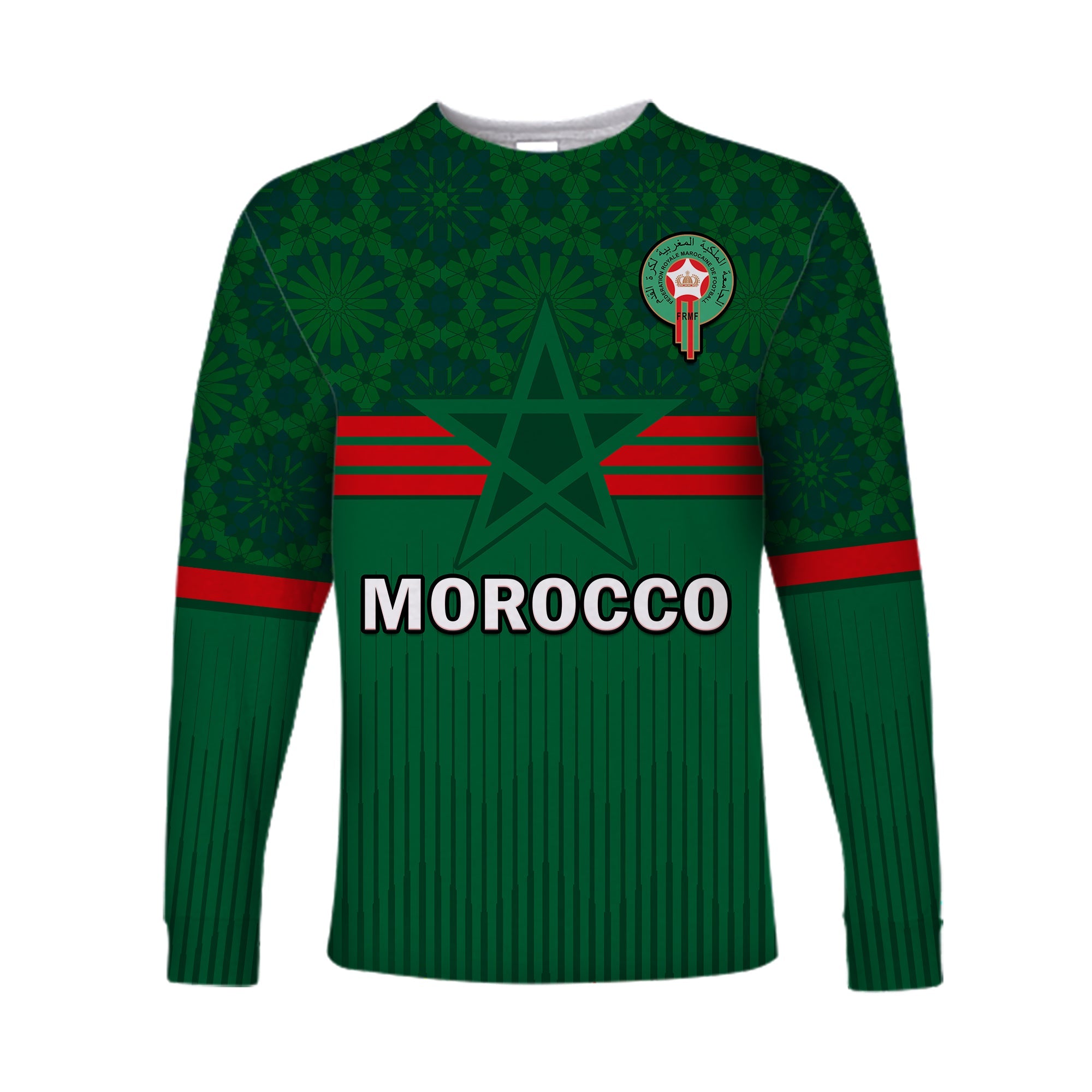 Morocco Football Long Sleeve Shirt World Cup 2022 Green Moroccan Pattern - Wonder Print Shop