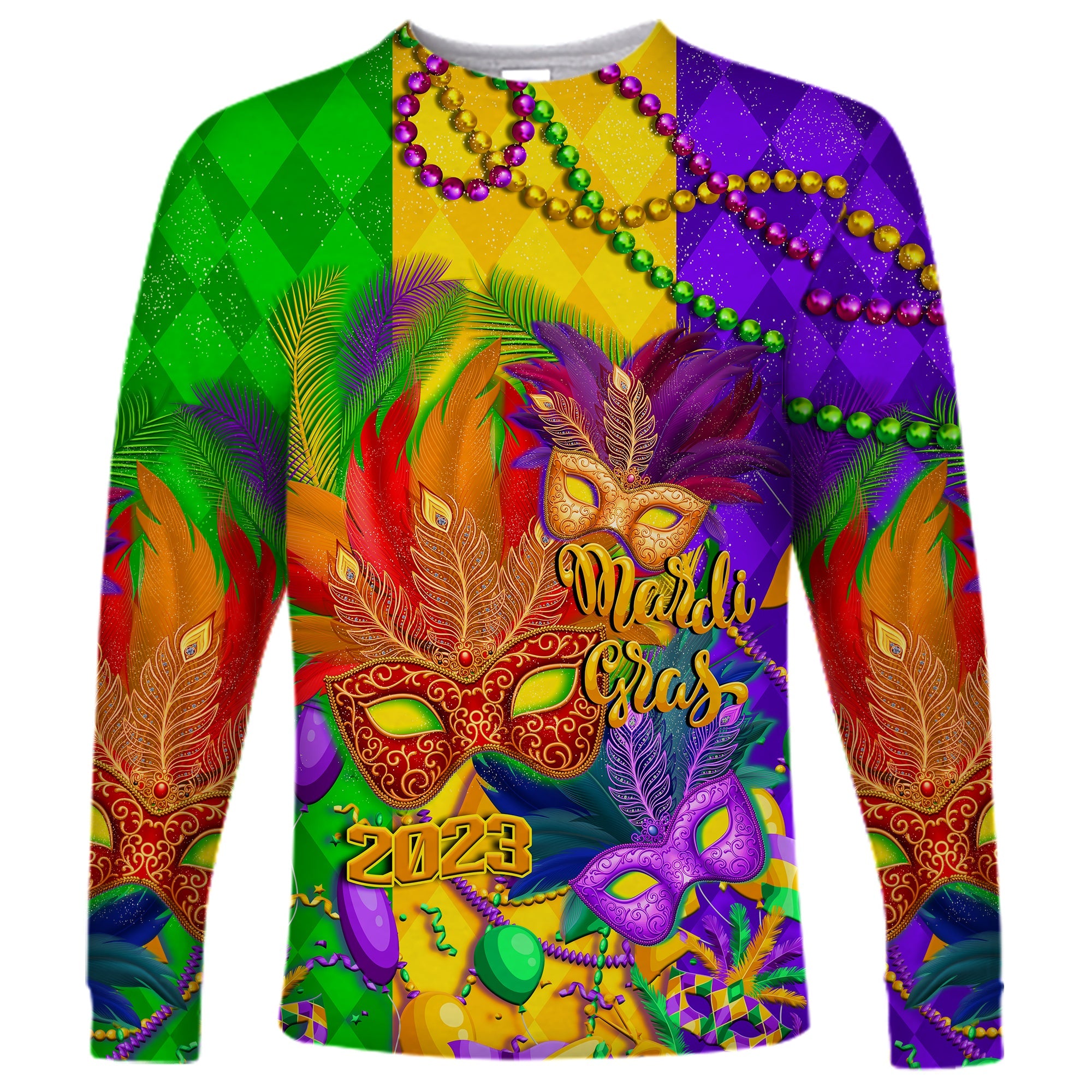 (Custom Personalised) Mardi Gras 2023 Long Sleeve Shirt Carnival Masks With Feathers - Wonder Print Shop