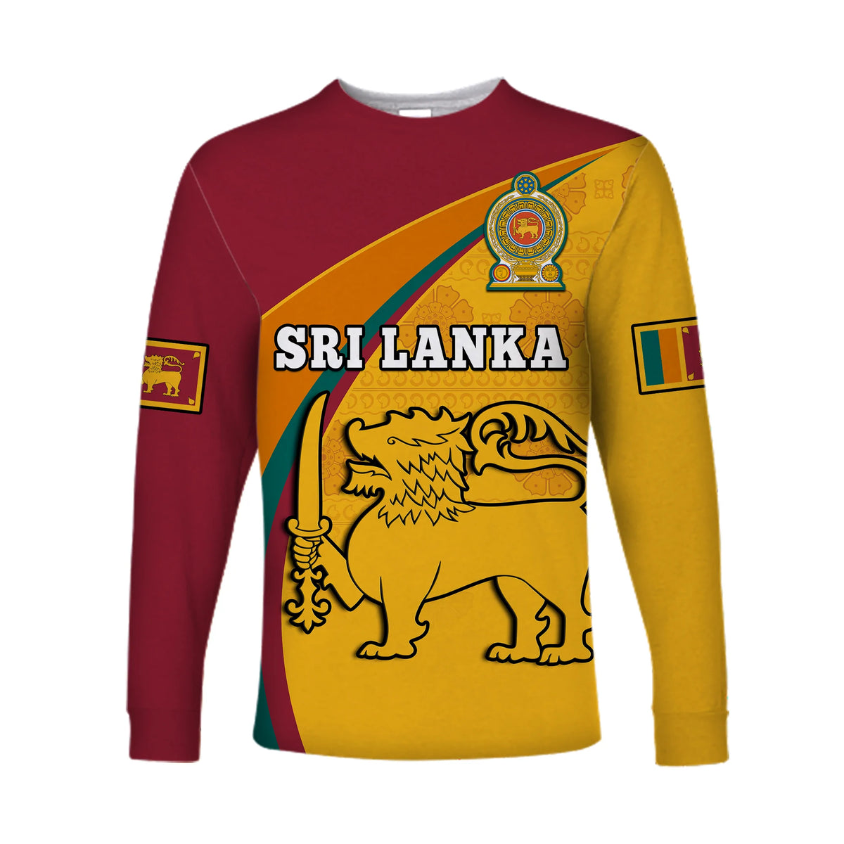 Unisex long-sleeve shirt, red and yellow with Sri Lanka lion graphic, crew neck