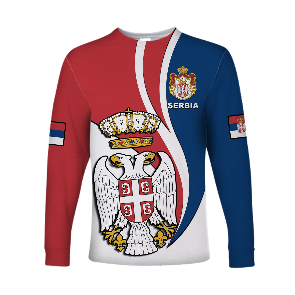 Two-tone red/blue long-sleeve shirt with Serbia crest front print