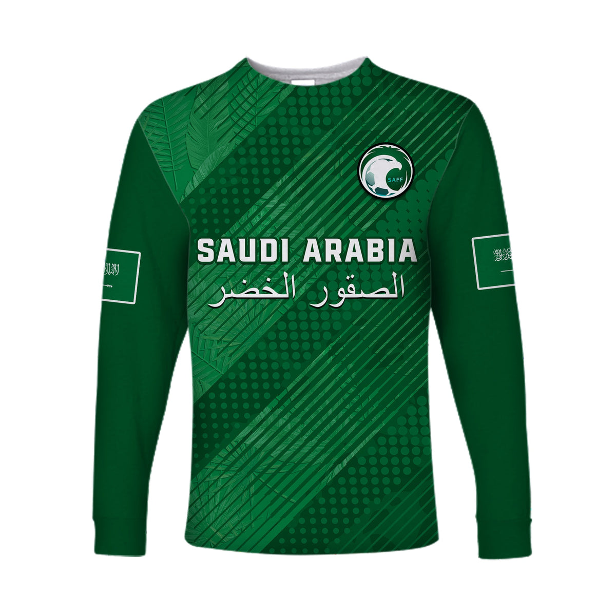 Green long-sleeve football shirt with Saudi Arabia text and Falcons crest