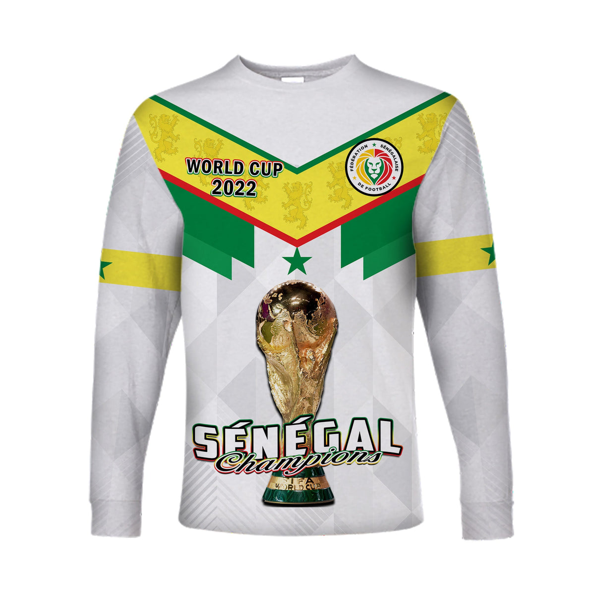 Unisex white long-sleeve football shirt with Senegal crest and World Cup 2022 print