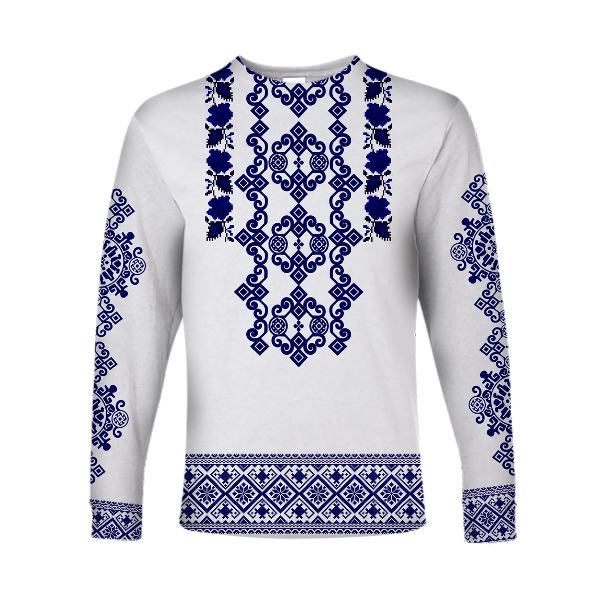 White long sleeve shirt with navy folk geometric embroidery on front and sleeves