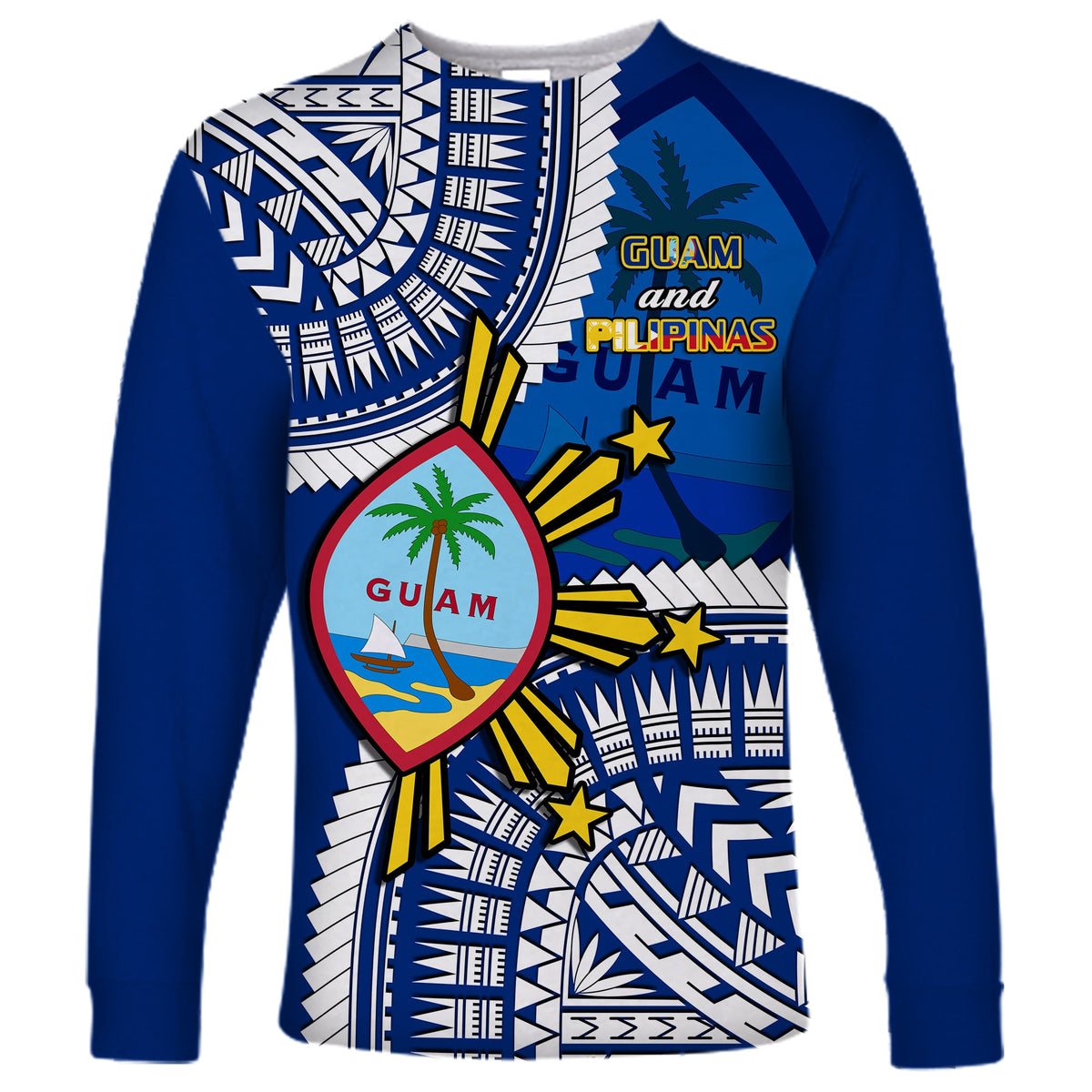 Blue long sleeve shirt with Guam and Philippines crest graphic