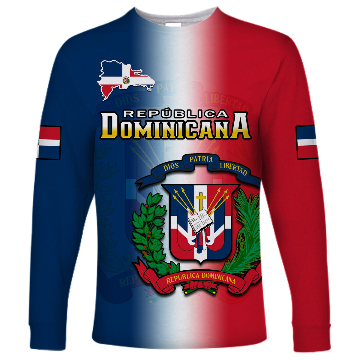 Unisex long sleeve shirt with red-to-blue gradient and Dominican coat of arms