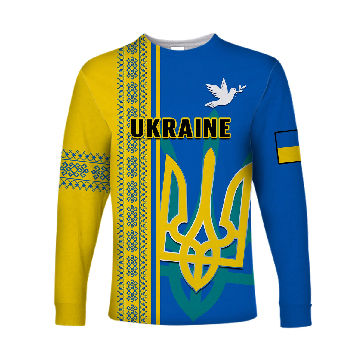 Long-sleeve shirt in blue with yellow panels, folk trim, dove and Ukrainian crest graphic