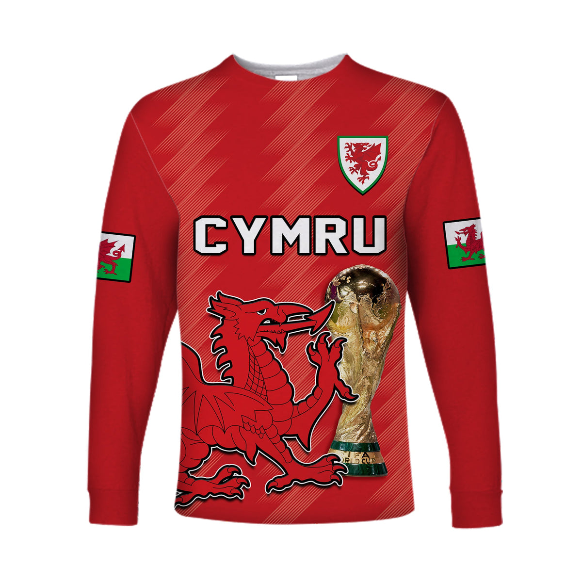 Red long-sleeve football shirt with crest, CYMRU text, dragon and World Cup graphic