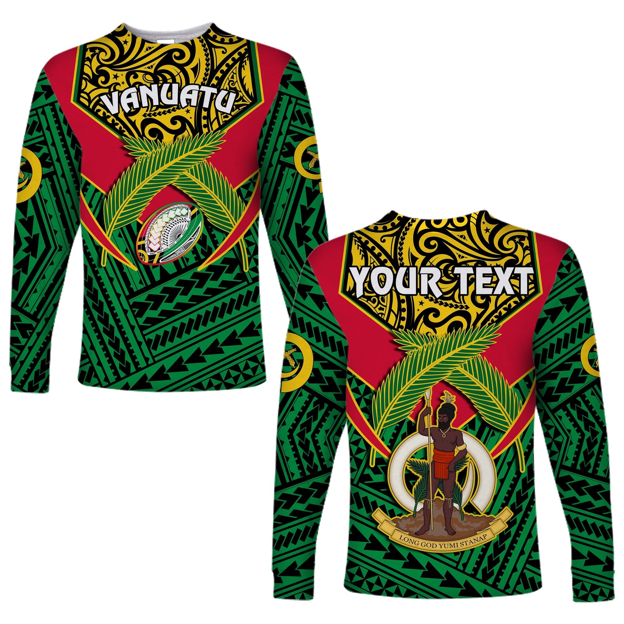 Custom Personalised Vanuatu Rugby Long Sleeve Shirt Coat Of Arms Polynesian Pattern - Wonder Print Shop