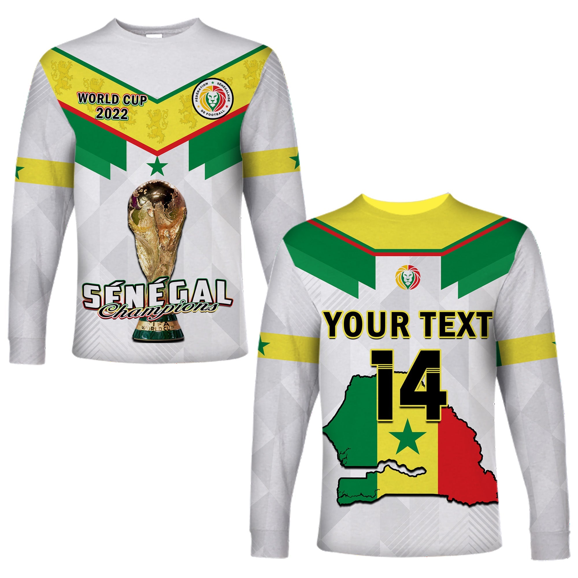 (Custom Text And Number) Senegal Football Long Sleeve Shirt Champions WC 2022 - Wonder Print Shop