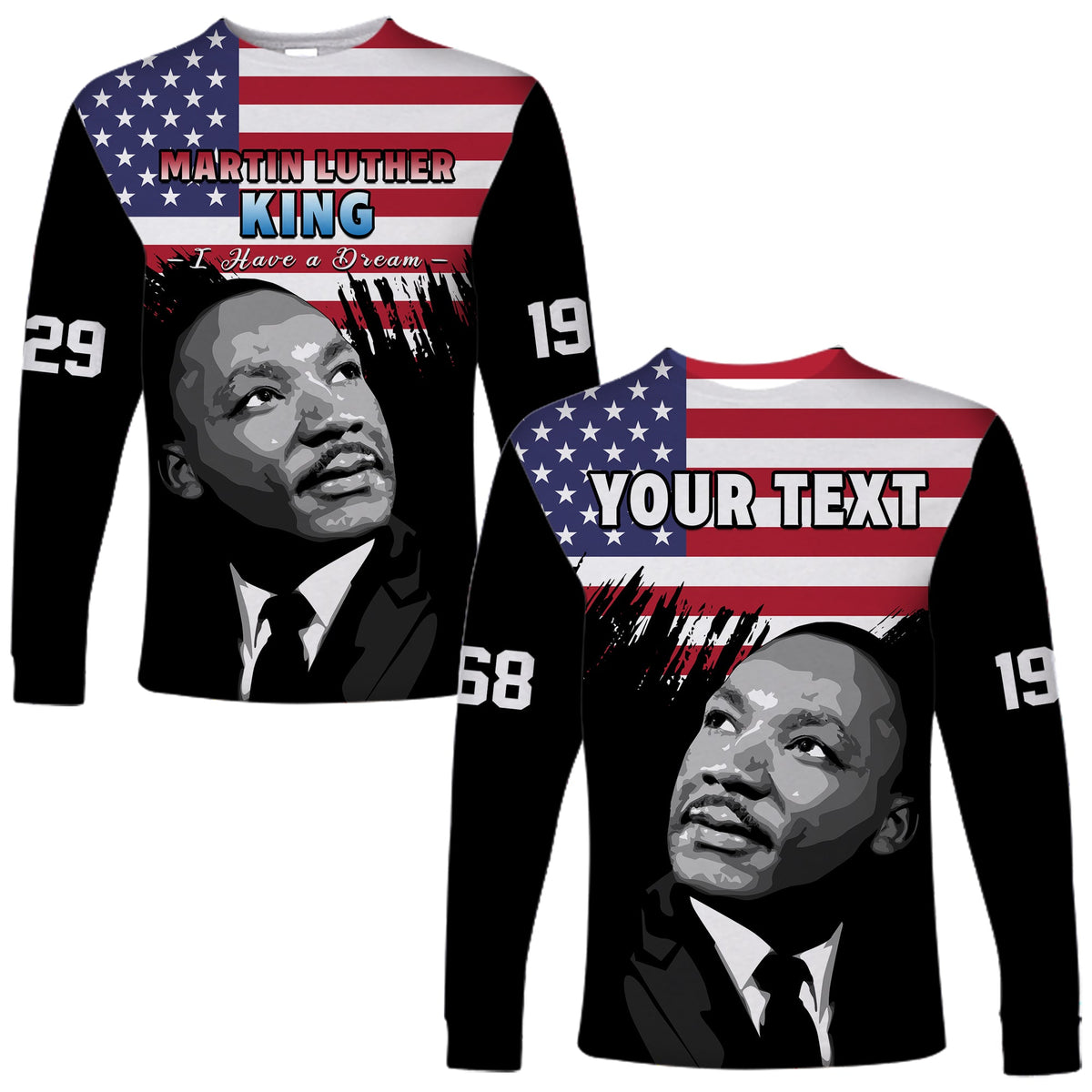Black unisex long sleeve shirt with US flag grunge print, Martin Luther King text