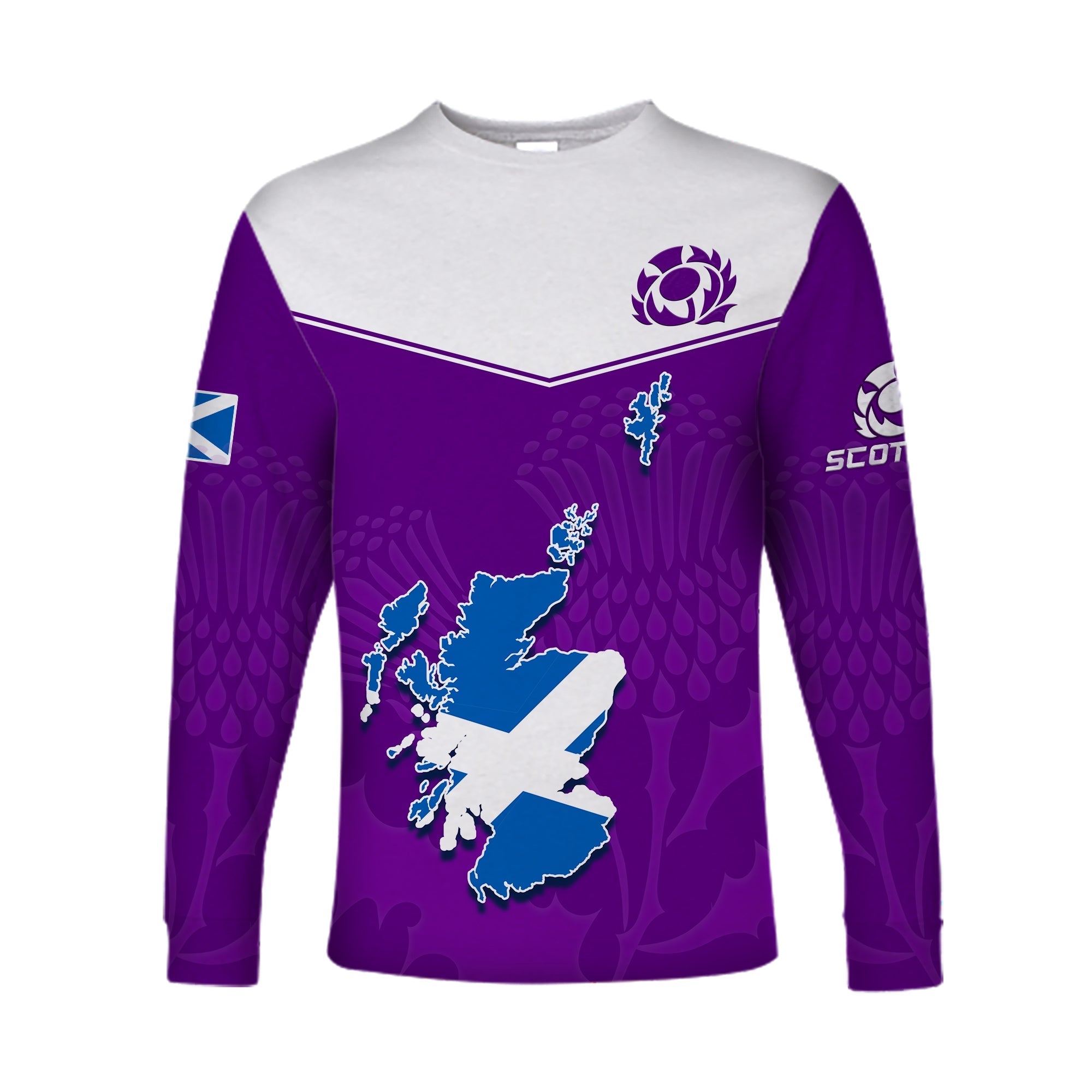 Scottish Rugby Long Sleeve Shirt Map Of Scotland Thistle Purple Version - Wonder Print Shop