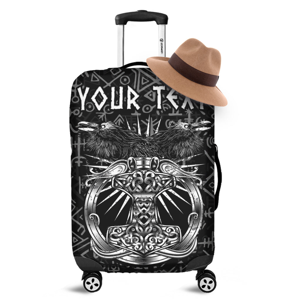 Black Viking luggage cover with rune patterns and Mjolnir hammer emblem for hard case