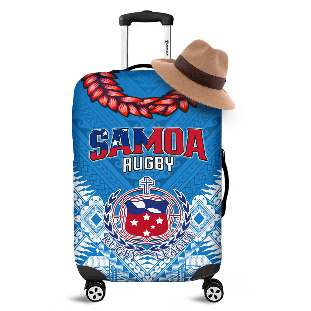 Blue Samoa Rugby luggage cover with red feather graphic and shield emblem, elastic hem